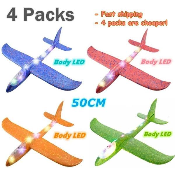 4Packs 50CM Foam Plane Kits Flying Glider Toy With LED Light Hand Throw Airplane Sets Outdoor Game Aircraft Model Toys For Kids W250702