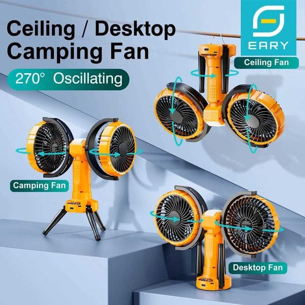Eary Camping Dual Head Fan Tent Camp Fan With 8000mAh/10000 mAh Battery 4-Speed Wind 2 Lighting Portable Outdoor Air Cooling Fan XJ250702