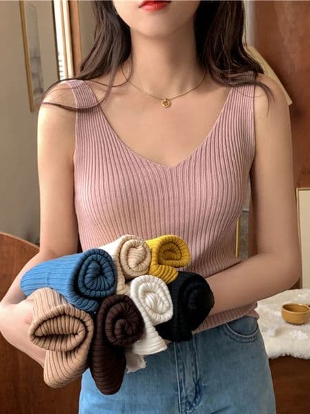 Solid Color Basic Womens Vest Tank Top Solid Color Knitted Tees Top Cropped Top Camisole Sweater V-neck Summer Sleeveless 250702