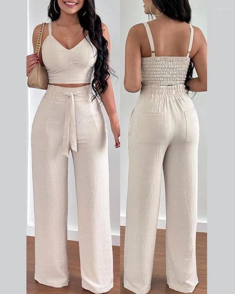 Women's Two Piece Pants 2 Outfits For Women 2025 Sexy V-Neck Strap Shirred Slim Crop Top & Lace-up Wide Leg Sets Elegant Office Lady Suit