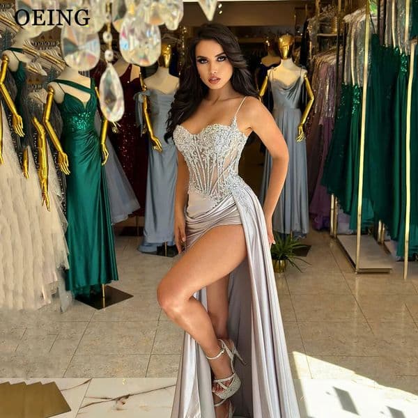 OEING Silver Mermaid Prom Dress Elegant Spaghetti Strap High Slit Evening Dresses Formal Gown Vestidos De Fiesta Customized 250624