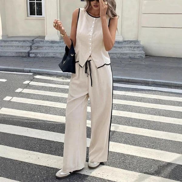 Women's Two Piece Pants 2025 Summer Female Vest Set Solid Sleeveless V-Neck Top High Waist Casual Loose Pant Two-piece Office Lady Suit