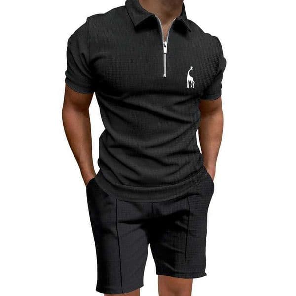 Summer polo shirt set short-sleeved slim-fit lapel casual mens 2 Piece Sets Short Sleeve Stand-up Collar Zipper Golf Polo Shirt W250703