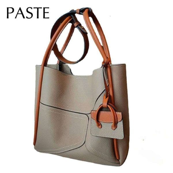 New Geometric Design Natural Togo Cow Leather Basket Tote Hit-Color Big Capacity Women's Handbag Armpit Shoulder Purse MDNG