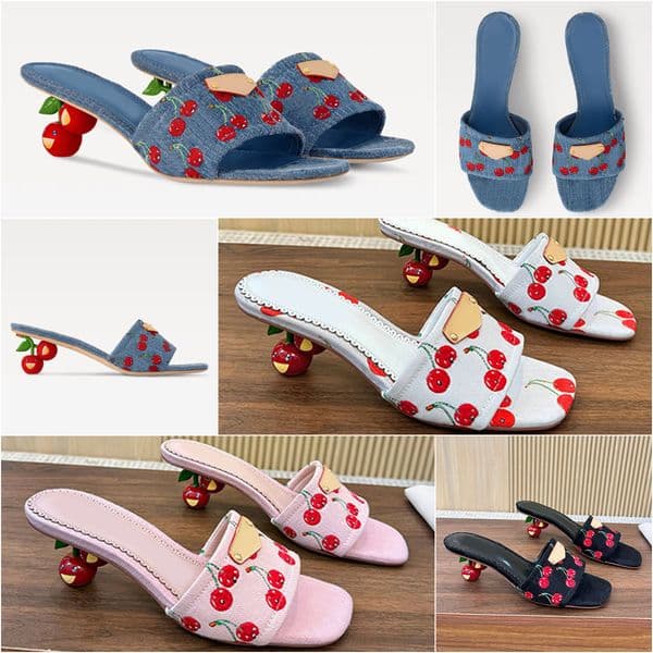 Designer mules cherry denim slippers pink slides designer womens sandals summer sliders low heels sandalen 25ss new luxury shoes leather patch
