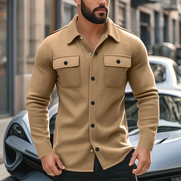 American heavy cargo Vintage jacket lapel long-sleeved shirt Mens multi-pocket fleece coat with buttons 250628BJ