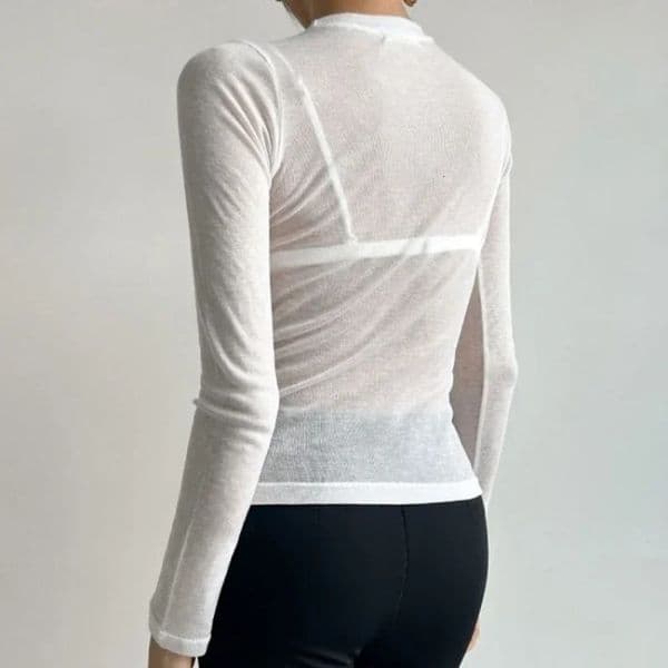Women Basic Tshirts O Neck Solid T Shirt Female Casual Tops Long Sleeve See Through Sexy Thin Slim Tshirt Womens Clothing 250703BJ