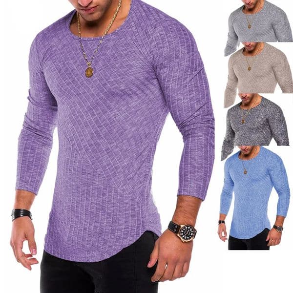 Mens Knitted Thin Base Sweater with Curved Hem Round Neck Tight Fit Elastic Long Sleeved T-shirt Thin Sweater 250703