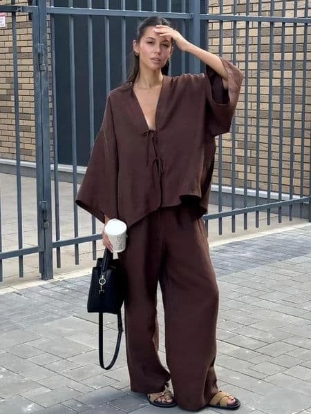 2025 Summer Womens Fashion Outfits Chic Brown Cotton Linen Lace Up Shirt Suits Casual V Neck Long Sleeves Loose Pants Set Lady 250702