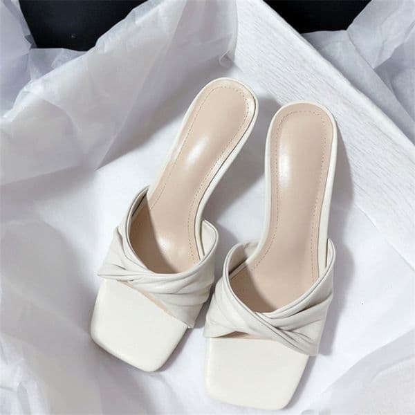 Fashion Summer Women Shoes Handmade Square Open Toe High Heels Outdoor Fashion Slippers Apricot Off White 250628