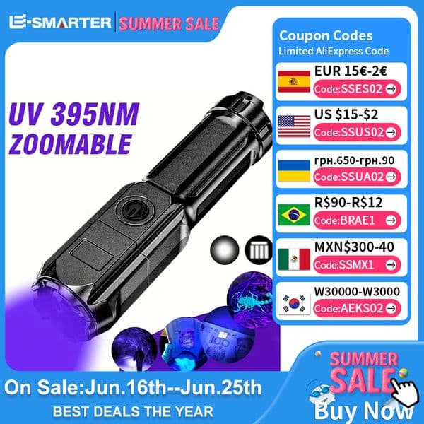 Portable UV Flashlight UV395NM Zoomable ABS Torch 3 Modes Camping Ultraviolet Flashlights For Pet Stacks Fluorescent Detection