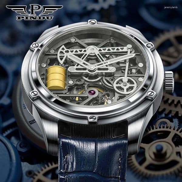 Wristwatches PINDU Stainless Steel Mechanical Watch Men Miyota 8215 Movement Oil Well Hollow Design Sapphire Mirror 100m Waterproof