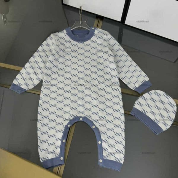 Classics newborn jumpsuits Alphabet grid jacquard toddler romper designer Baby clothing Knitted infant bodysuit And hat A384X11N097