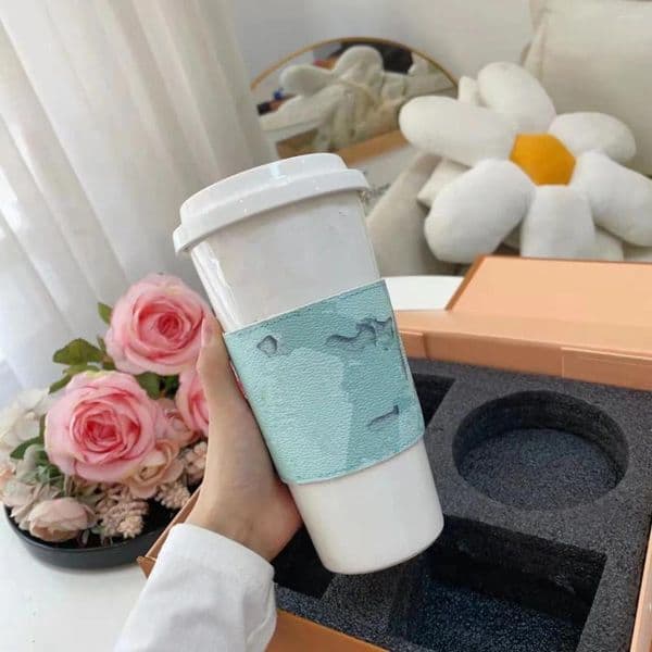 Coffee Tea Sets Leather Case Cup Can Print Duck Flower Gift Bone China With Lid Without Straw 700Ml 55512