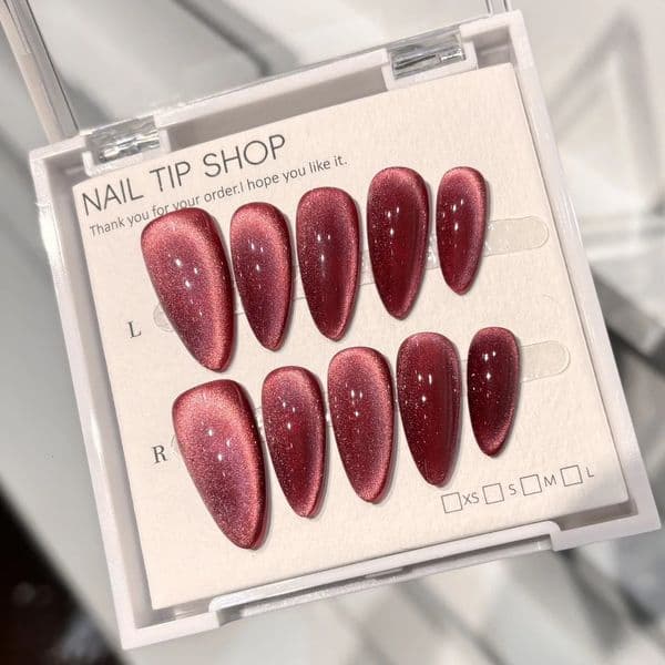 10pcs Red Full Cover Nail Tips Midlength Almond Handmade False Nails Art Wearable Solid Color Cats Eye Press on Set 250625