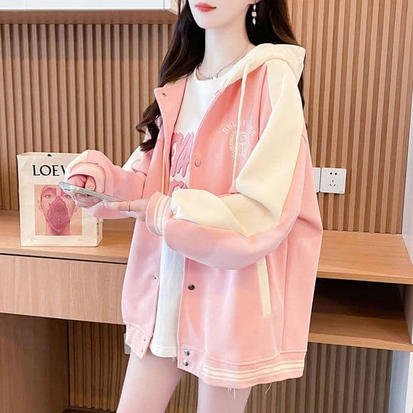 New Korean Style Casual Fashion Sweatshirt Heavy Cartoon Embroidery Color-Block Baseball Jacket Loose Hooded Coat Couple Outfit B5