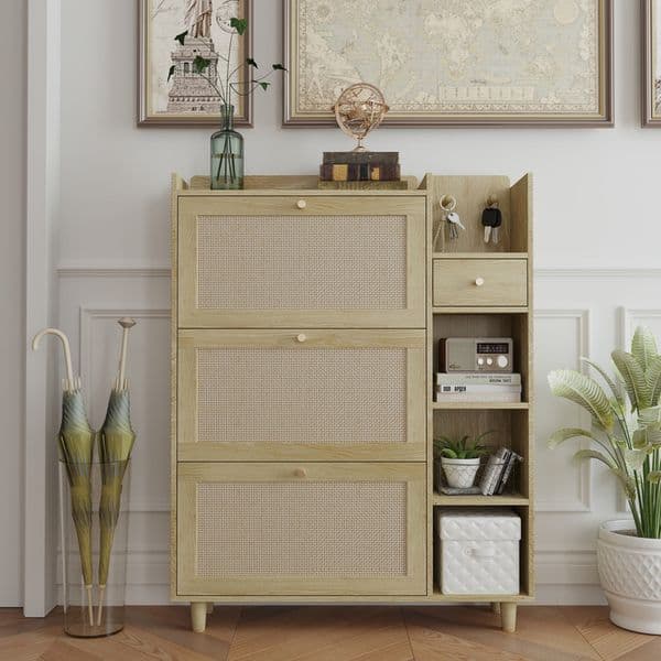 Bohemian Shoe Cabinet With 3 Rattan Flap Drawers, 3 Square Shelves And 1 Storage Drawer Shoe Rack Cabinet With Multiple Storage Spaces And Hooks Shoe Organizer