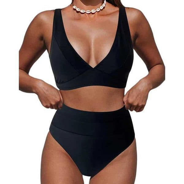 2 Piece Bikini Set Women Swimwear Classic Solid V Neck High Waist Split Bikini Summer 2025 New Bathing Suits Female Beachwear XJ250704