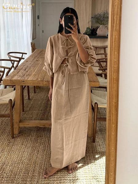 Clacive Casual Loose Khaki Cotton 2 Piece Sets Women Outfit Fashion Puff Sleeve Lace-Up Shirt With High Waist Long Skirts Set 250704