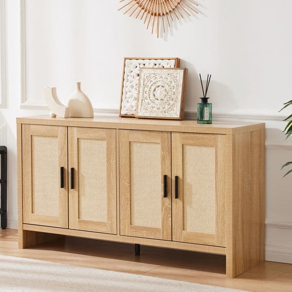 Rattan Dining Cabinet With Storage, Sideboard With Doors And Adjustable Shelves, Farmhouse Coffee Bar Table, Modern Wooden Cabinets For Kitchen