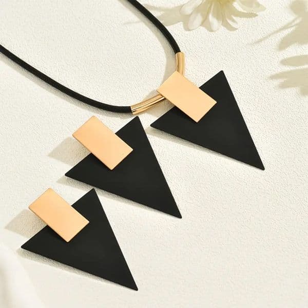 Three-Piece Women's Jewelry Set, Geometric Rectangle Inverted Triangle Two-Tone Pendant with Black Cord Necklace