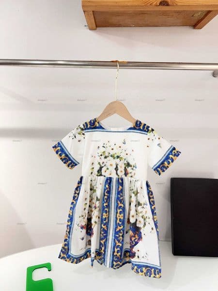 Top one girls dress Flower-printed short sleeves Princess dress kids designer clothes Summer Round collar baby skirt A001X01N014 W260424