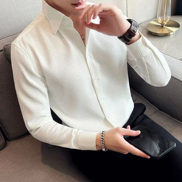 Waffle Spring Autumn Mens Shirt Casual and Slim Long Sleeve Solid Polo Neck Shirt Non Iron Wrinkle Resistant Business Tops 250704