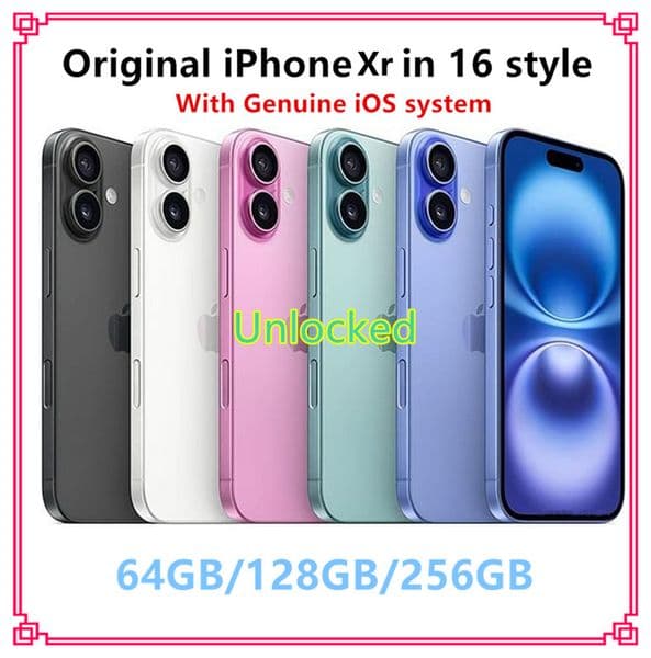 Apple Original Xr in iPhone 16 style phone network Unlocked with iphone 16 box&Camera appearance 3G RAM 64GB/256GB ROM smartphone