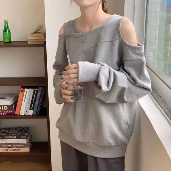 Gray Women Clothing Cotton Off Shoulder Top for Woman T-shirt Loose Spring and Autumn Tshirt Sale Simple Stylish Tee 250701BJ