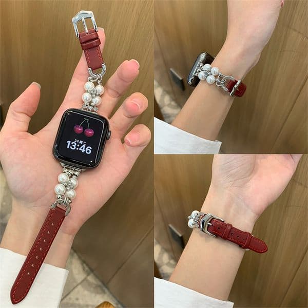 Pearl Beaded Watch Bands for Apple Watch 10 9 8 7 6 5 4 3 Ultra 2 Watchbands Classic PU Leather Jewelry Wristband Stylish Link Chain Pretty Straps for iwatch 49mm 46 45 44mm