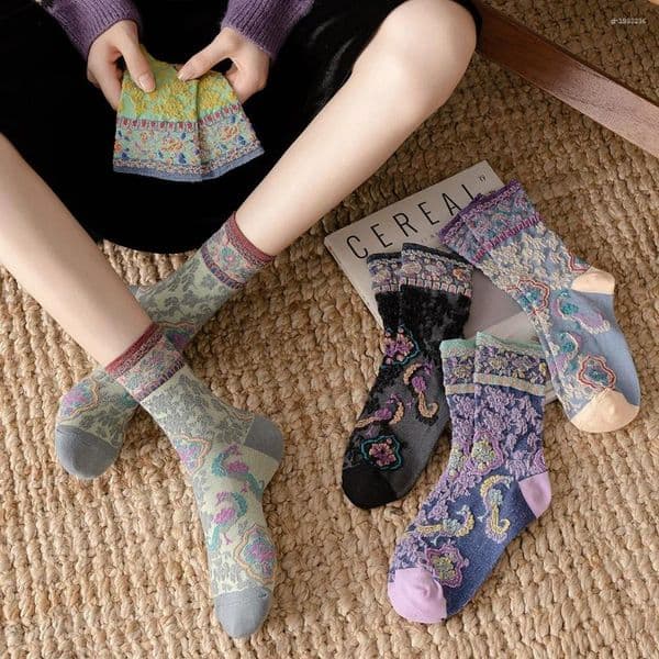 Women Socks 3 Pair Korean Style Cotton Harajuku Ladies Winter Set Kawaii Flower Print Fashion Streetwear Cute High Quality
