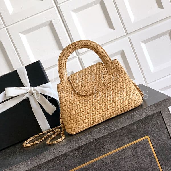 Straw genuine leather Crossbody evening bag Luxury designer bag 19CM handbag OEM Original Quality shoulder bag Mini chain bag with box 24C27D