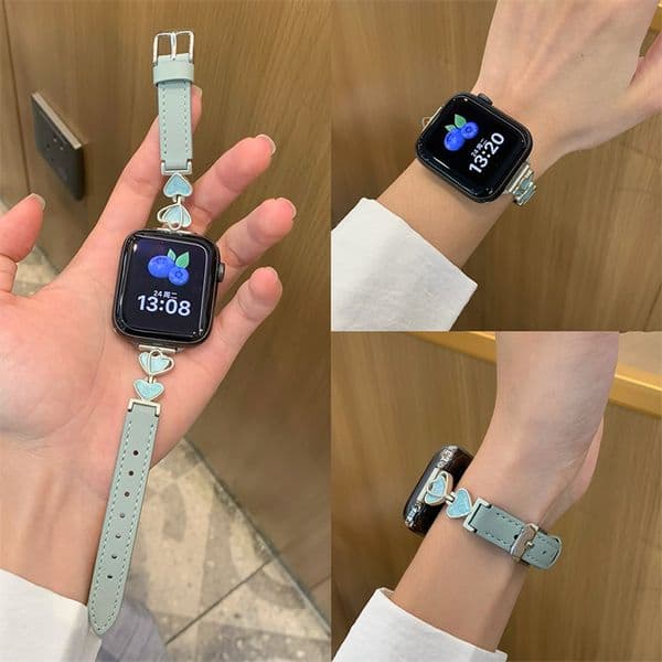Slim Leather Band for Apple Watch Bands for Women 38/40/41/42/44/45/46/49mm Cute Heart-Shape Dressy Leather Strap Gold Metal Buckle for iWatch Series 10 9 8 7 6 5 4 3 2 1 SE straps