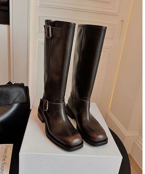Stylish Woman Leather Boots Long Chelsea women Comfortable Boot Gothic Punk Rock Fashion Thick Soled Shoes Outdoor Short Square Round Toe Boot Shoes