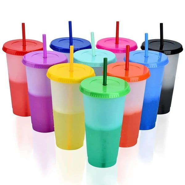 Pack of 10 Reusable Plastic Cups with Lids and Straws 710ml Color Changing Cups Color Changing Party Cups Reusable Travel Mugs 250630