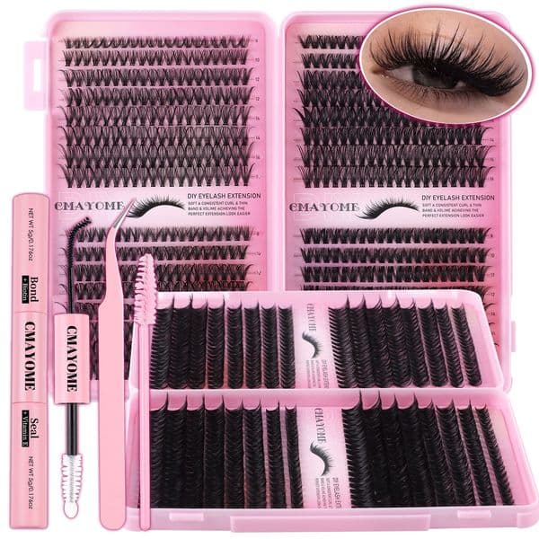 640Pcs DIY Individual Eyelashes Thick Fluffy Cluster Lashes Kit with Lash Bond & Seal Brushes Handmade Reusable DIY Segmented Eyelash Extensions Makeup