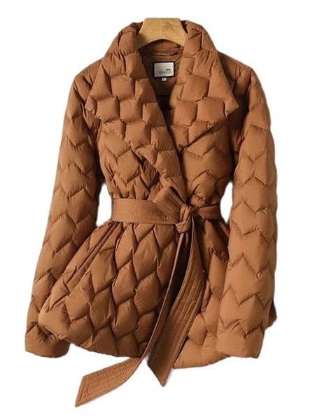 Winter Lightweight Down Jacket with Belt Women Elegant Tie Belt Long Cotton White Duck Down Parka Female Ladies Jackets Coat 250704