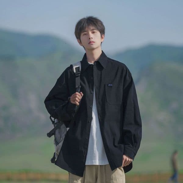 Japanese Style Black Workwear Long Sleeve Shirt Jacket Men 2025 New Spring Autumn Designer Short Sleeves Vintage Versatile Loose Shirt