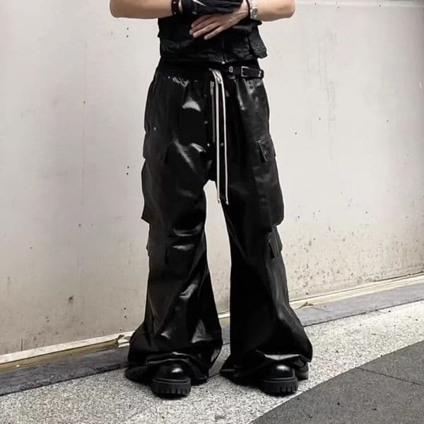 RO Style Glossy Black Pu Leather Pants for Men High Street Y2k Pantalones Hombre Baggy Overall Wide Leg Drawstring Cargos 250707