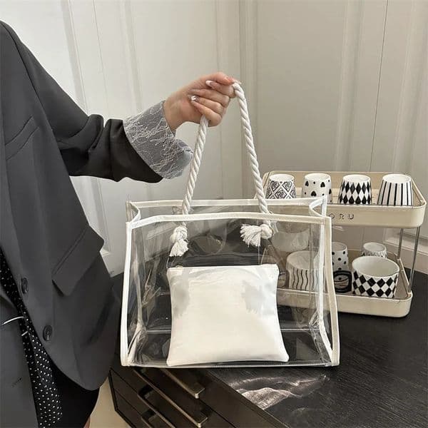 2pcs/set Clear PVC Casual Tote Bags For Women Waterproof Transparent Travel Beach Shoulder Bag For Outdoor Summer Handbags 250714