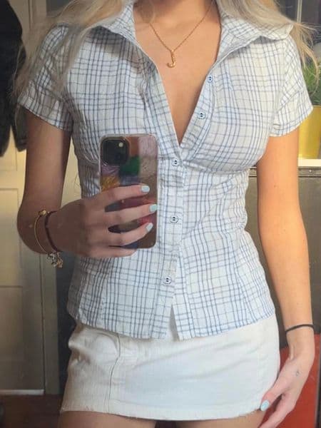 Fashion Sweet Plaid Slim Women Casual Shirts Cute AllMatch Summer Trendy Chic Blouses 250704