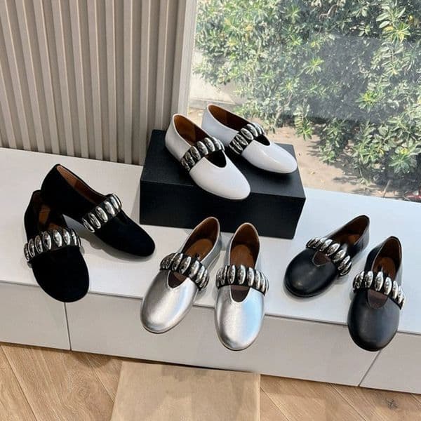 Women's Round-Toe T-Bar Flats - Metal Buckle Strap Slip-On Dress Shoes, Customizable Color Combos 12 Options, Vegan Leather