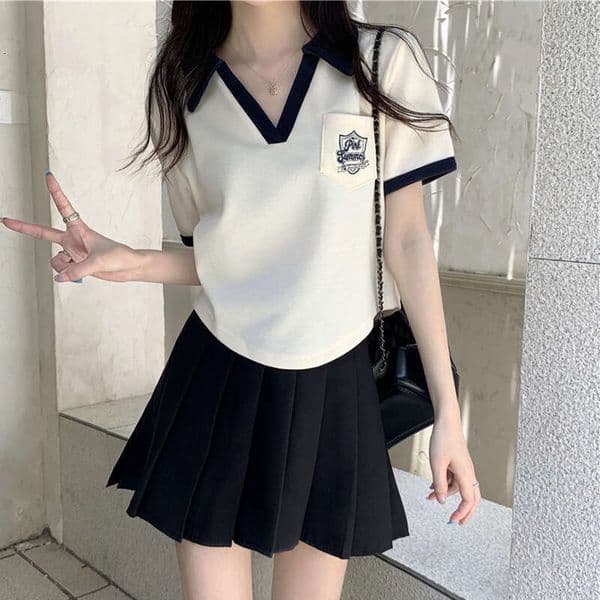 Plus Size Summer College Style Right Shoulder Polo Collar Short Sleeve T-Shirt For Women With Unique Design Slim Fit Hot Girl Top B5