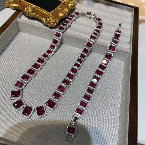 new luxury square ruby zircon necklace bracelet elegant noble woman jewelry bridal wedding accessories dress banquet accessories highquality