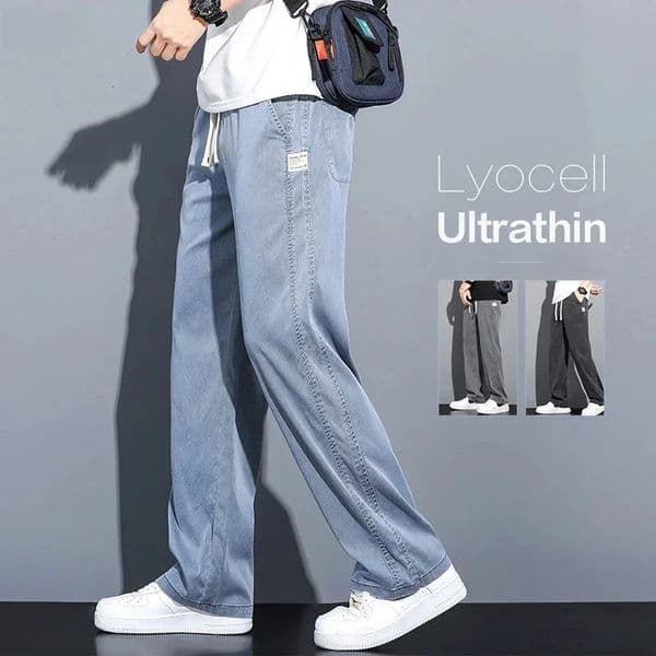 Mens Soft Lyocell Fabric Jeans Thin Loose Straight Pants Drawstring Elastic Waist Korean Casual Trousers Summer Plus Size 250704
