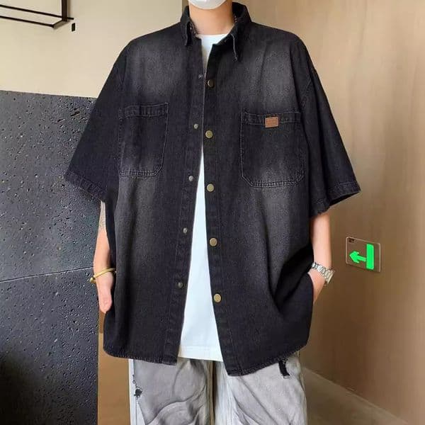 American Retro Japanese Washed Denim Designer Short Sleeves Shirt For Men High-end Summer Loose Casual Distressed Short Sleeve Versatile Jacket