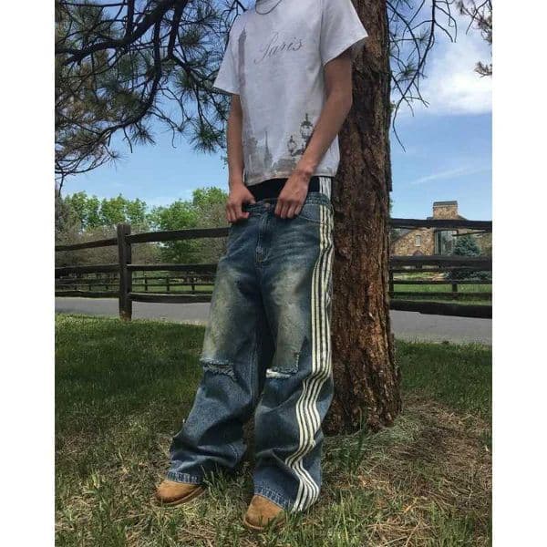 High Street Side Stripes Ripped Design Extra Large Jeans Men Y2K Double Waist Fashionable Versatile Straight Wide Legs Trousers XJ250707
