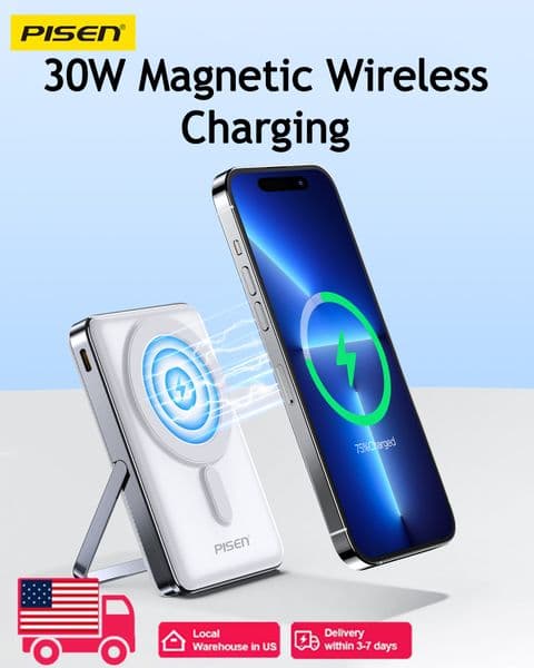 PISEN Magnetic Wireless Power Bank with Built in Stand 15W MagSafe Compatible 30W USB C Fast Charging External Battery Charger for iPhone Samsung Huawei
