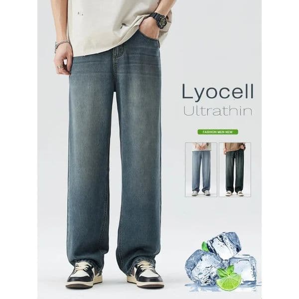 Spring Summer Thin Mens Loose Jeans Lyocell Draped Soft Fashion Pants Streetwear Vintage Straight Y2K Denim Trousers 250704