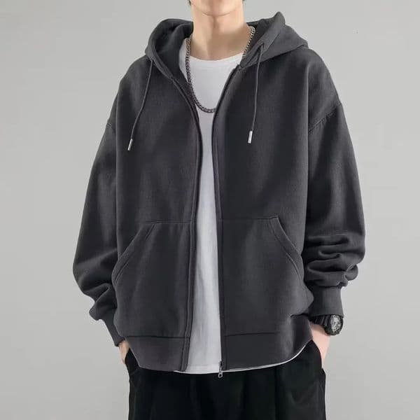 Male Clothes Black Solid Sweatshirt For Men Full Zip Up Hooded Hoodies Winter Young On Sale Offers High Quality Korean Style S 250704
